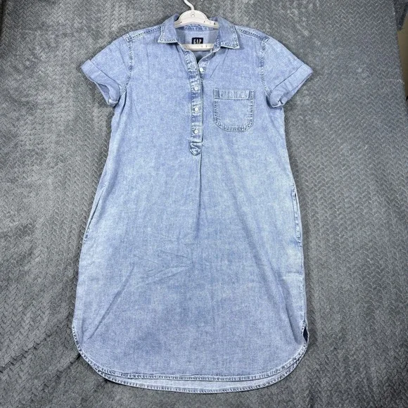 Gap Women's Denim Shirt Dress Small Cotton Pockets Short Sleeved Relaxed Fit - Picture 3 of 11